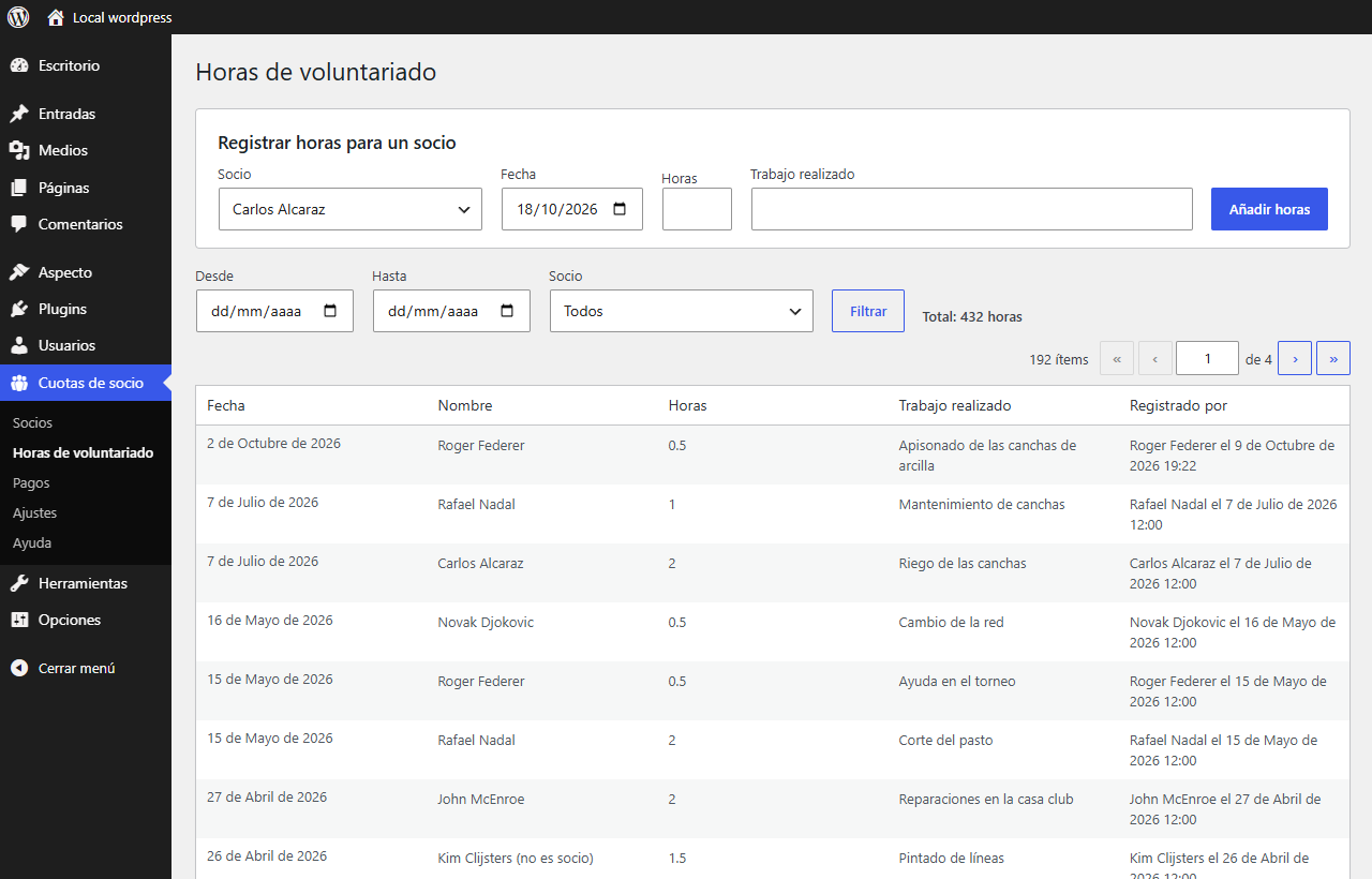 Cuotas de socio → Horas de voluntariado: todas las horas registradas con filtros.