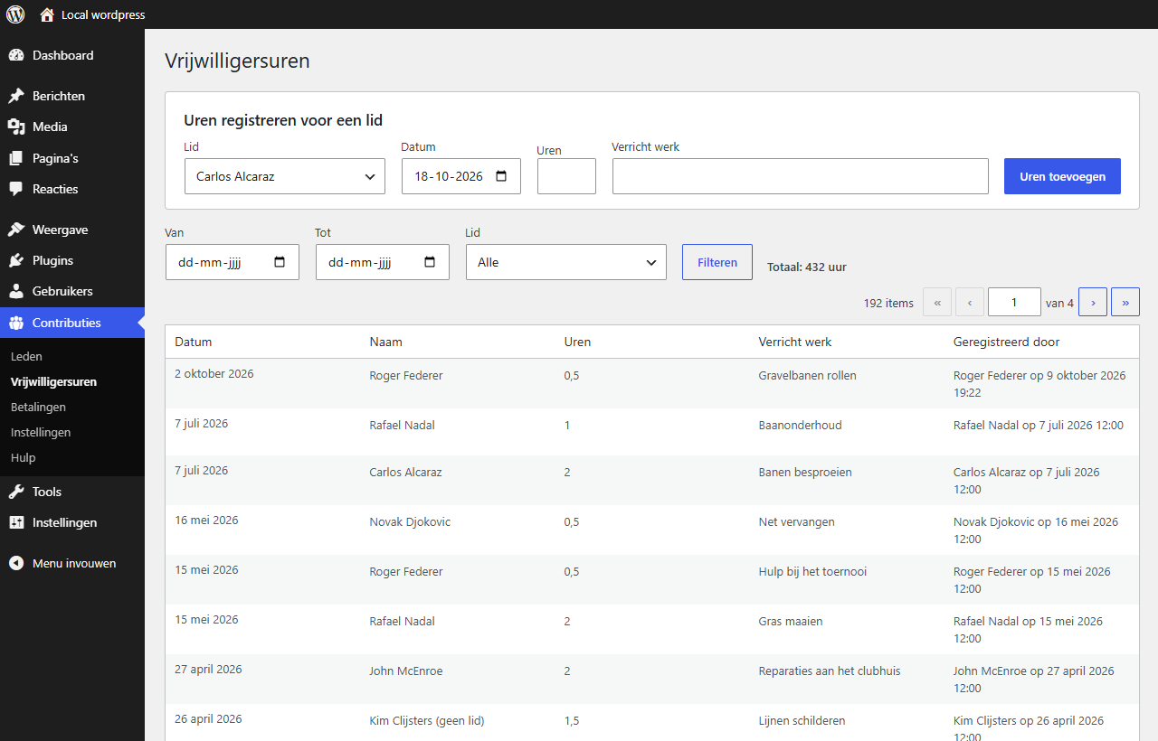 Contributies → Vrijwilligersuren: alle geregistreerde uren met filters.