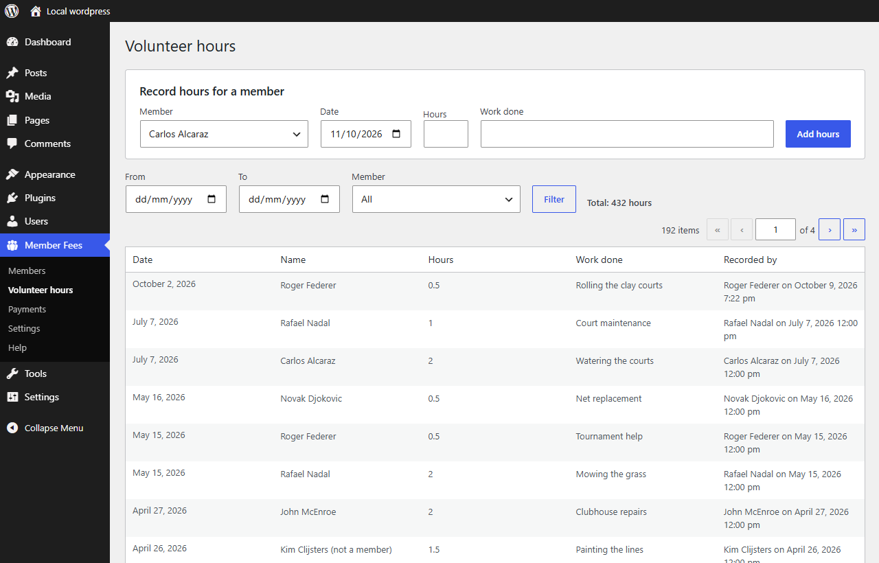Member Fees → Volunteer hours: all recorded hours with filters.