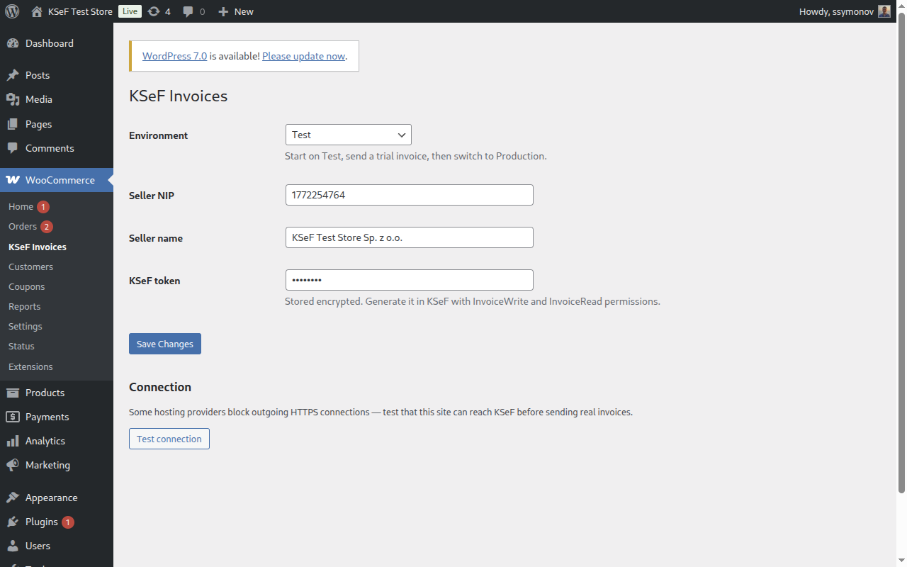 Settings screen — environment, seller NIP/name and KSeF token (WooCommerce > KSeF Invoices).