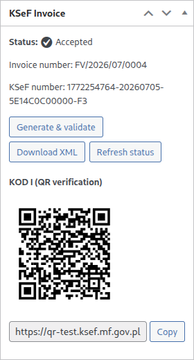 Order edit screen metabox — generate/send/refresh actions, status and the KOD I verification QR code.