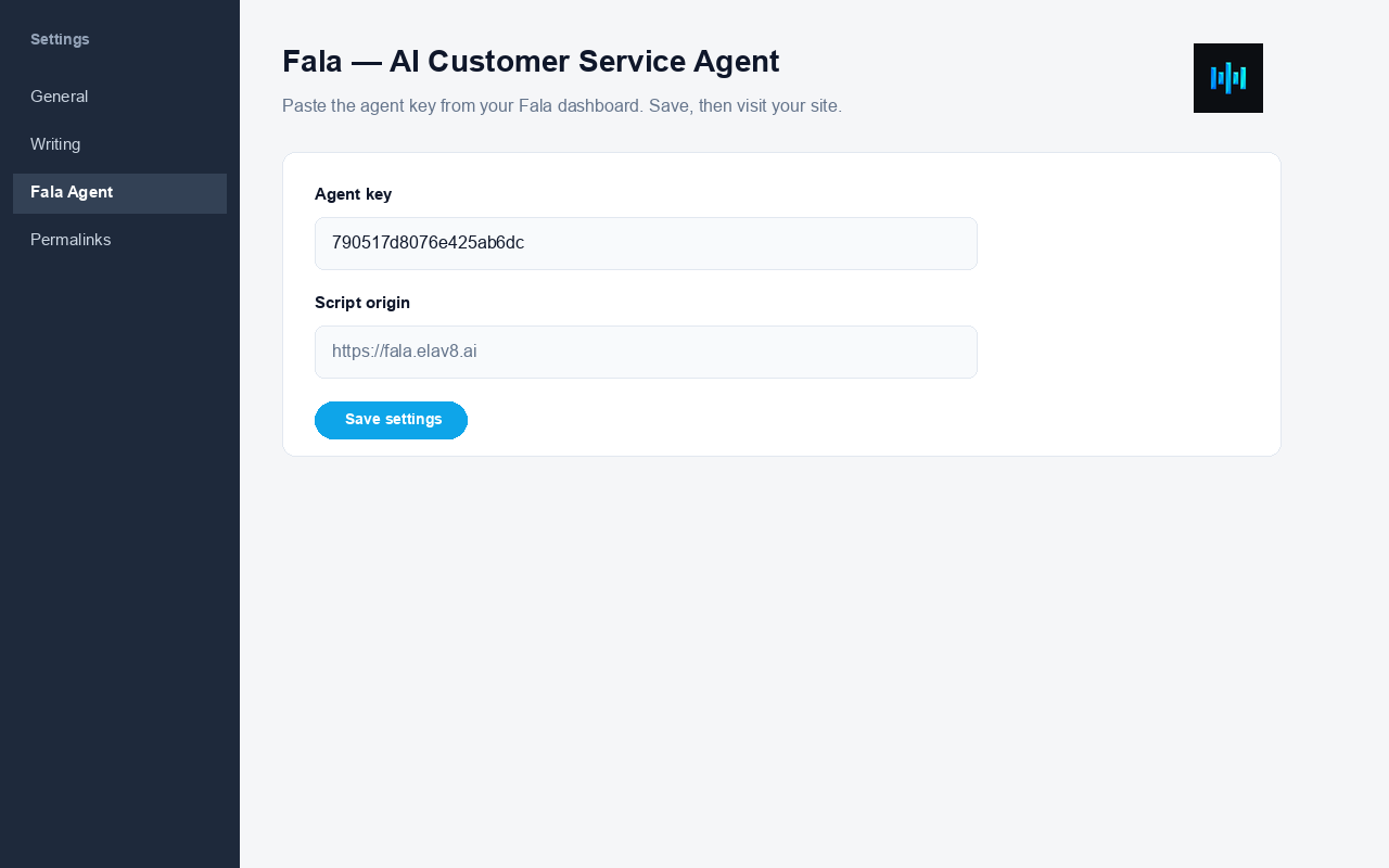 Settings → Fala Agent — paste your agent key