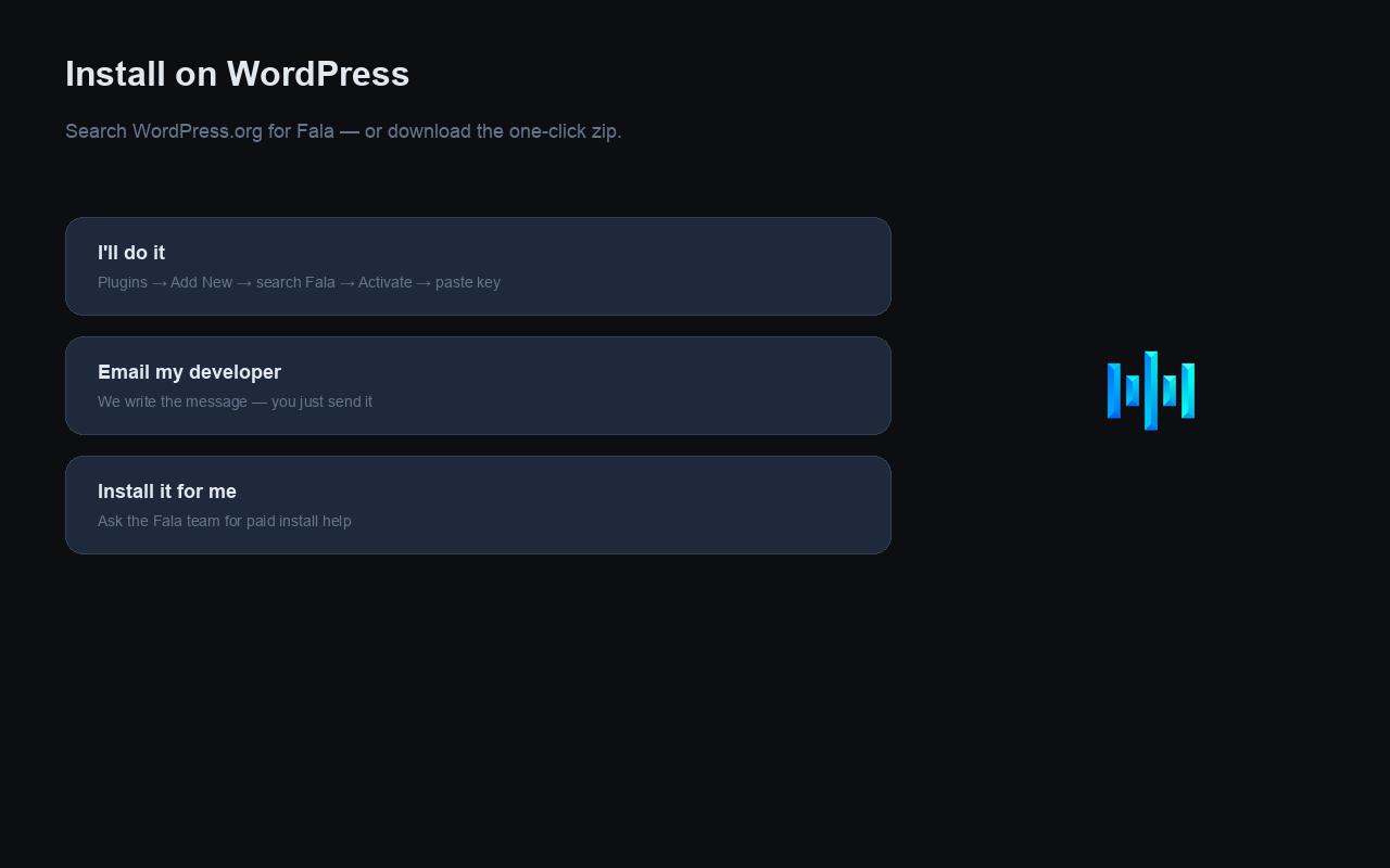 Fala dashboard install guide for WordPress