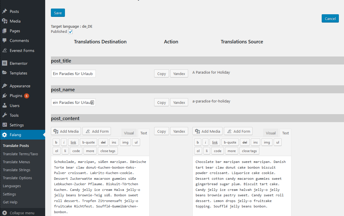 The Post translation panel