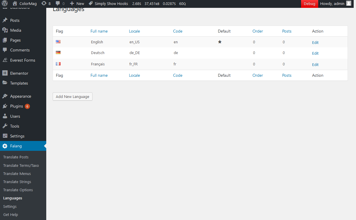 The Language Listing panel