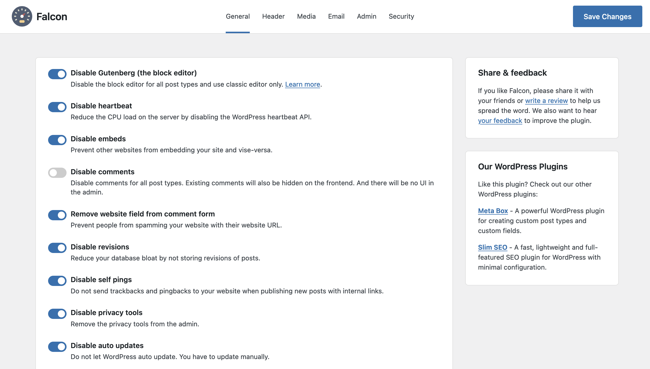 Falcon – WordPress Optimizations & Tweaks - Screenshot 1