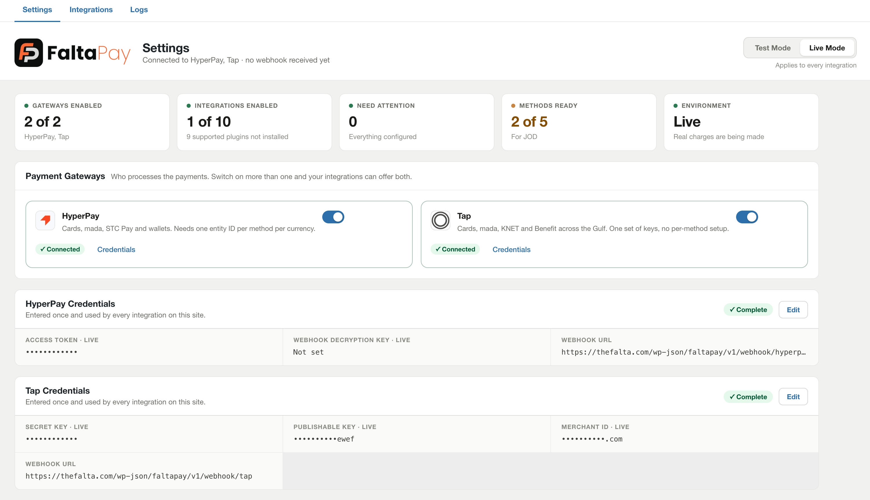 The FaltaPay settings screen. Connect HyperPay and Tap, enter each one's credentials once, and switch on the payment methods you are approved for.