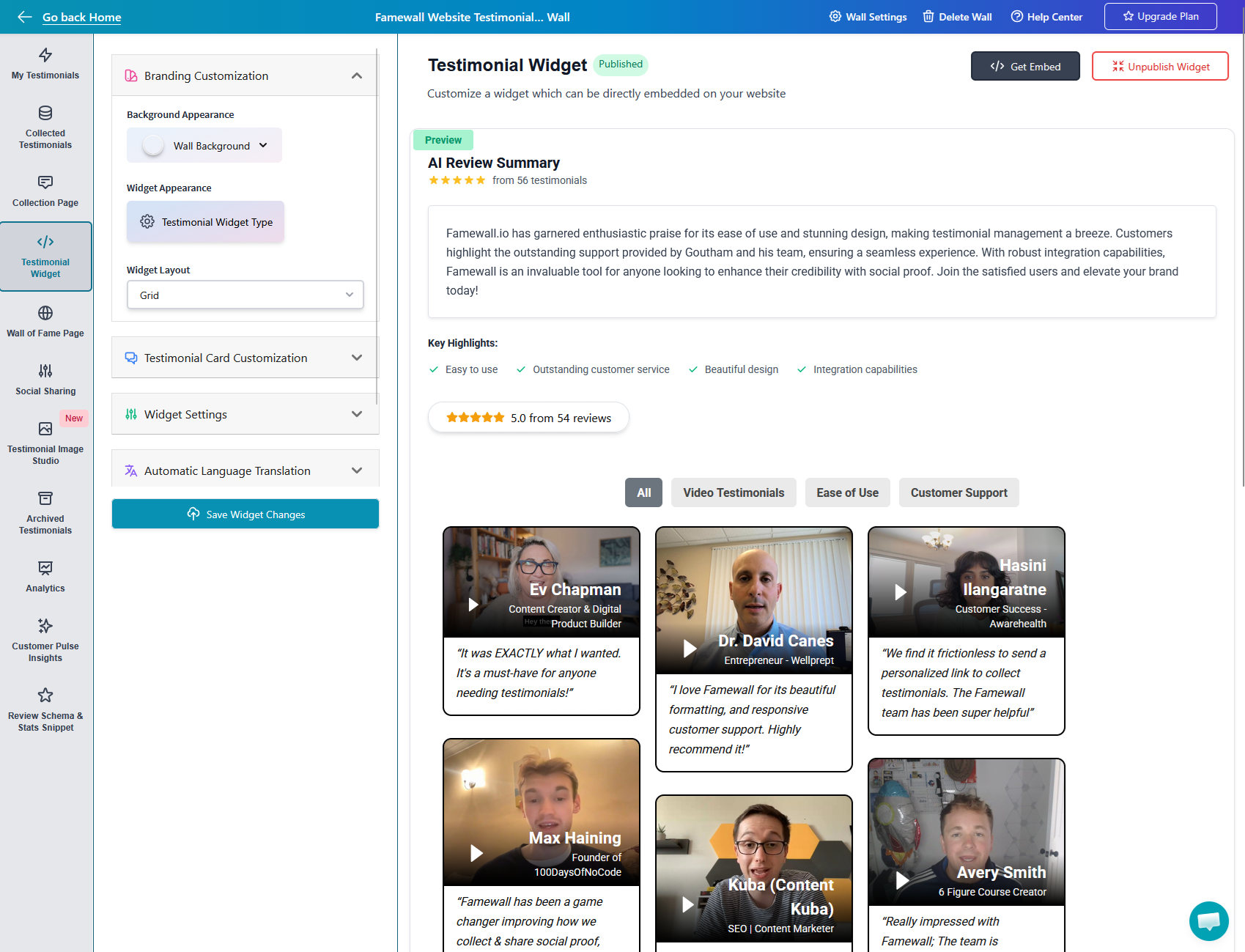 Build your review widget in the Famewall dashboard