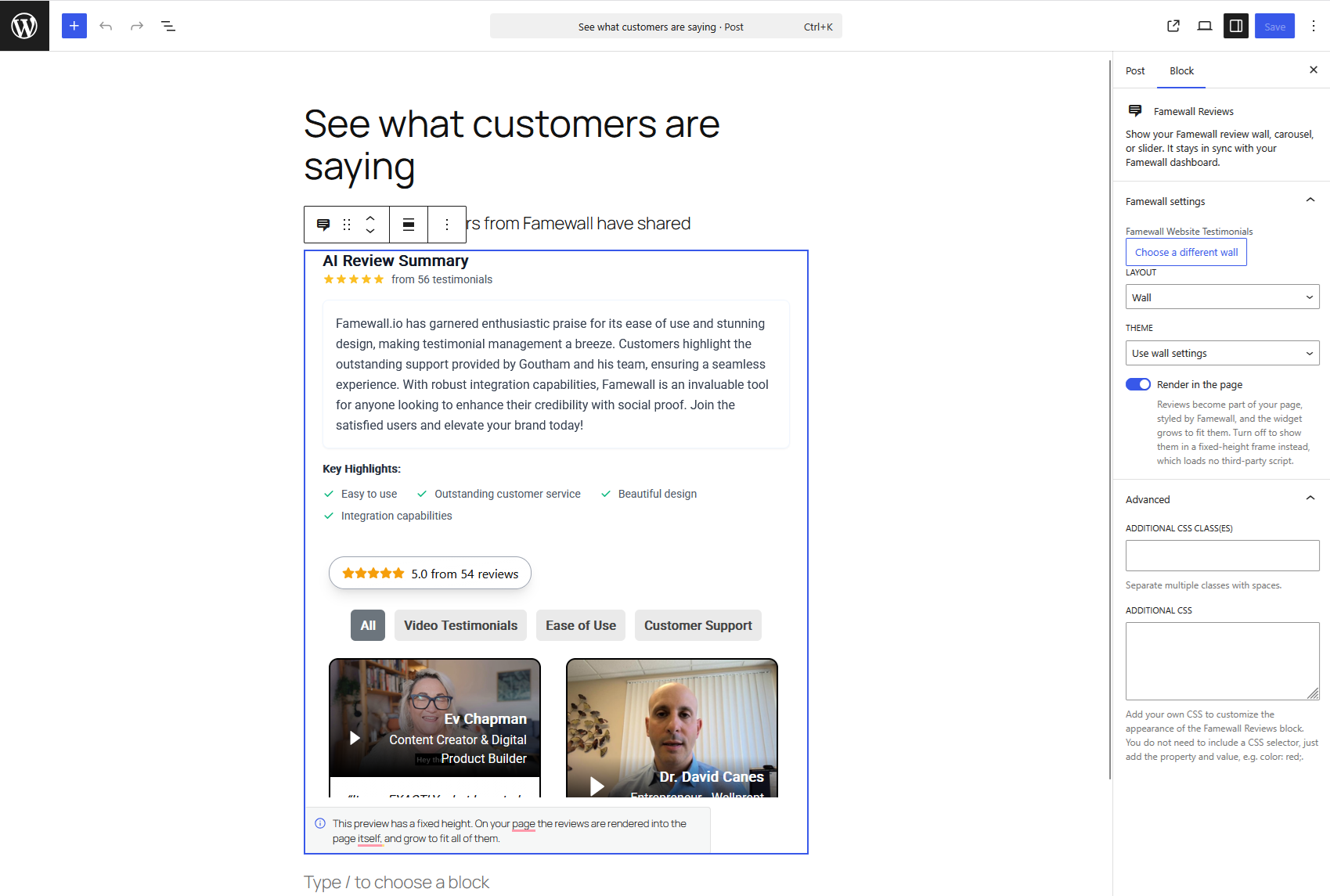 Add the Famewall Reviews block to WordPress