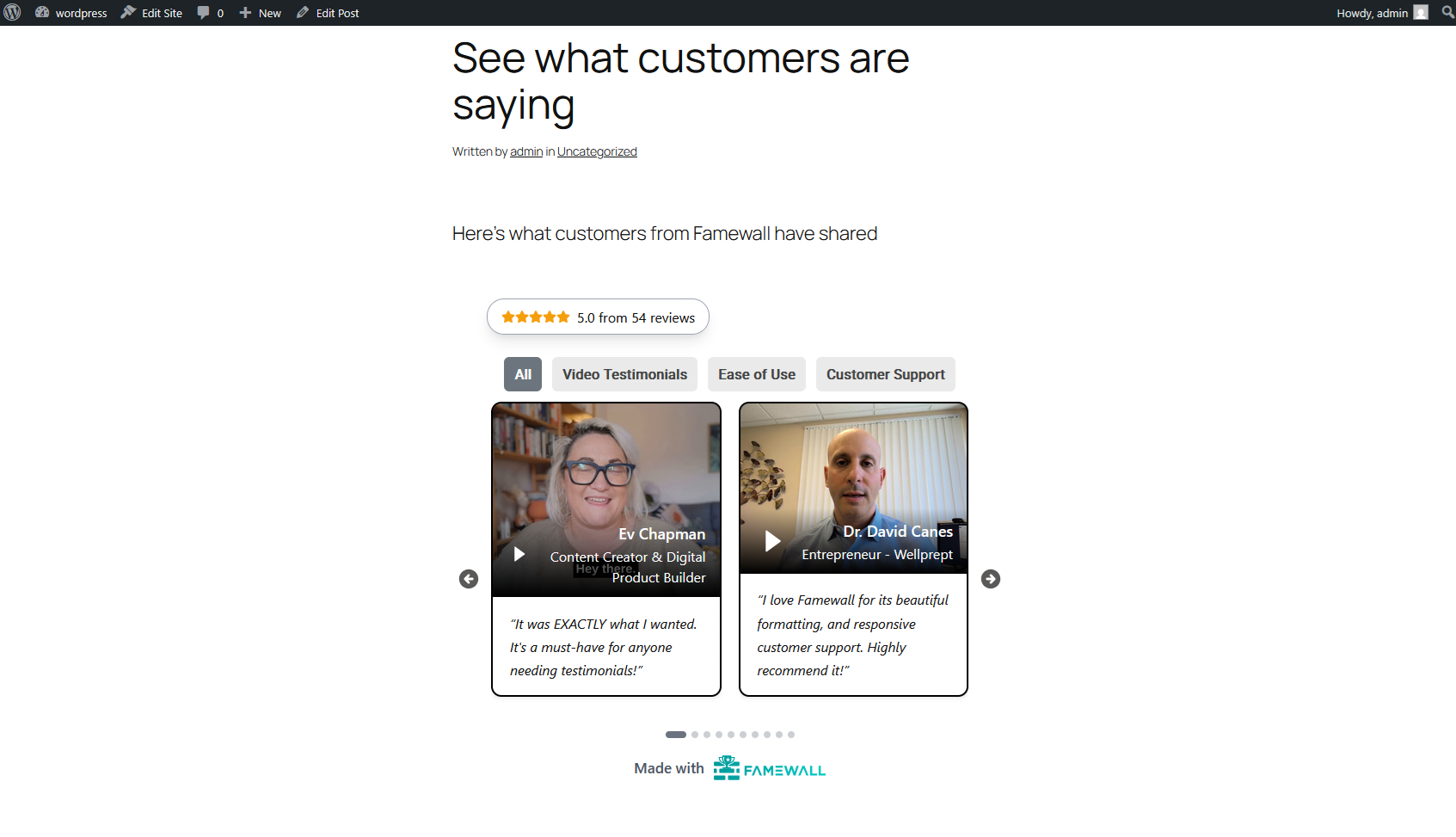 A carousel of reviews on a published page