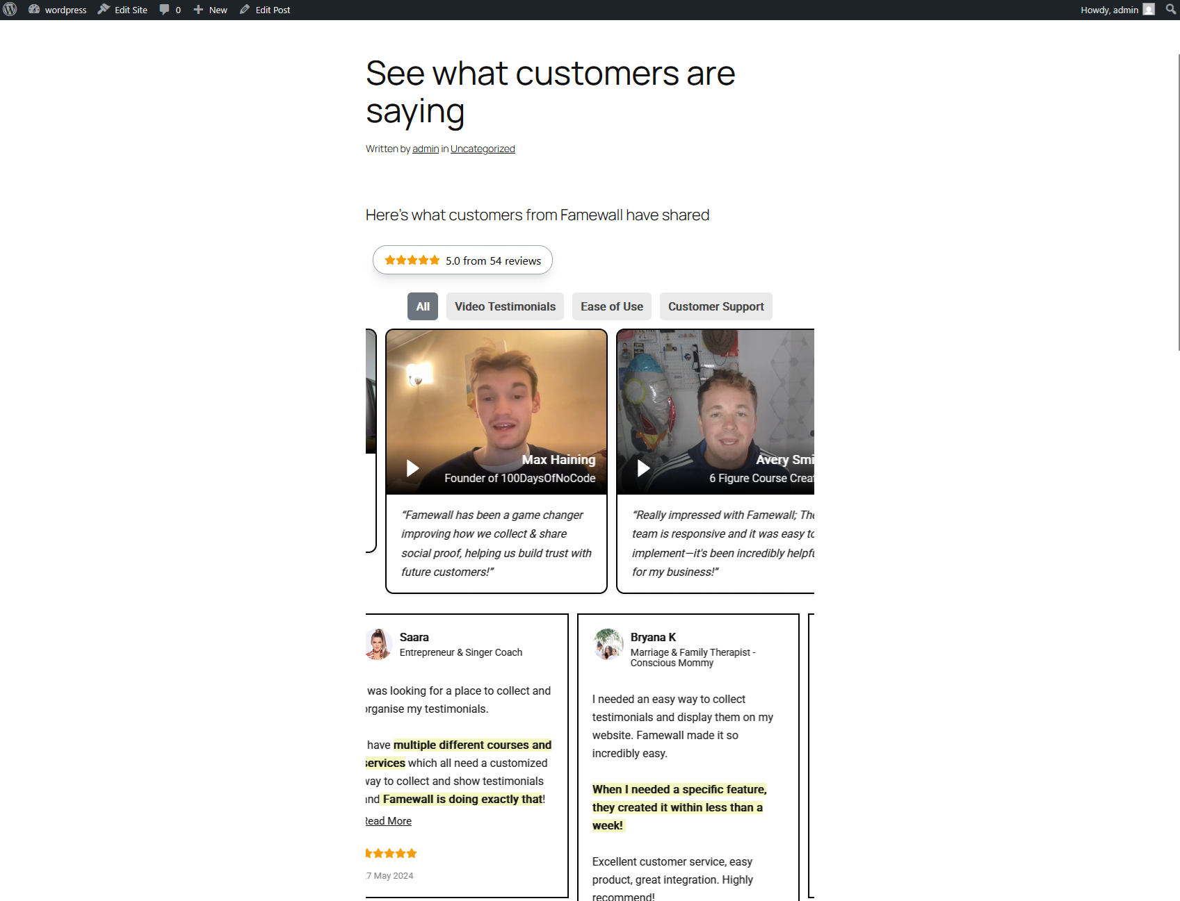 A marquee slider of reviews on a published page