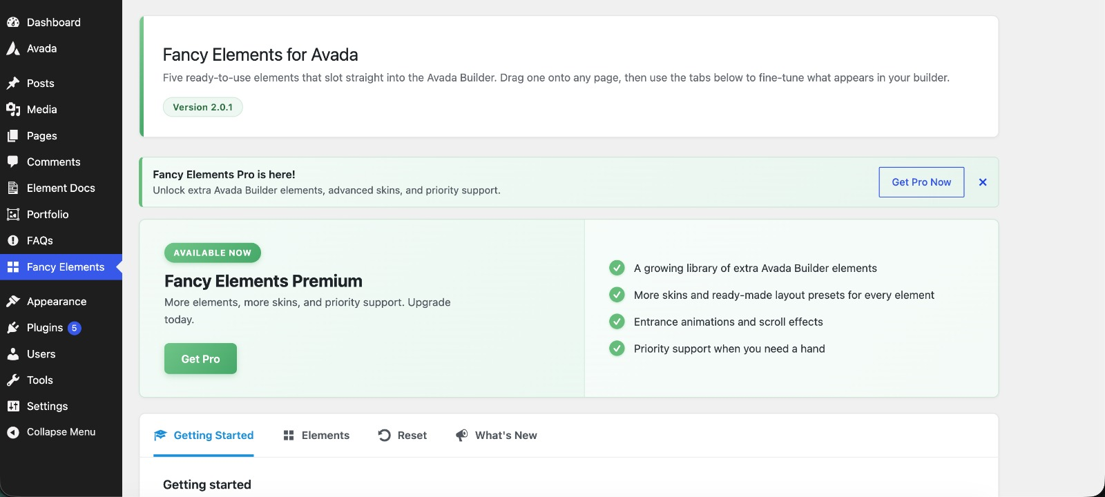 screenshot-10.png the "Get Pro" tab in the Fancy Elements dashboard showing all Pro features and upgrade options