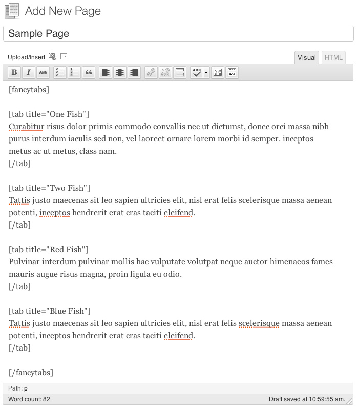 This screen shot shows the basic shortcode usage within the editor. Notice the attribute "title" is important.