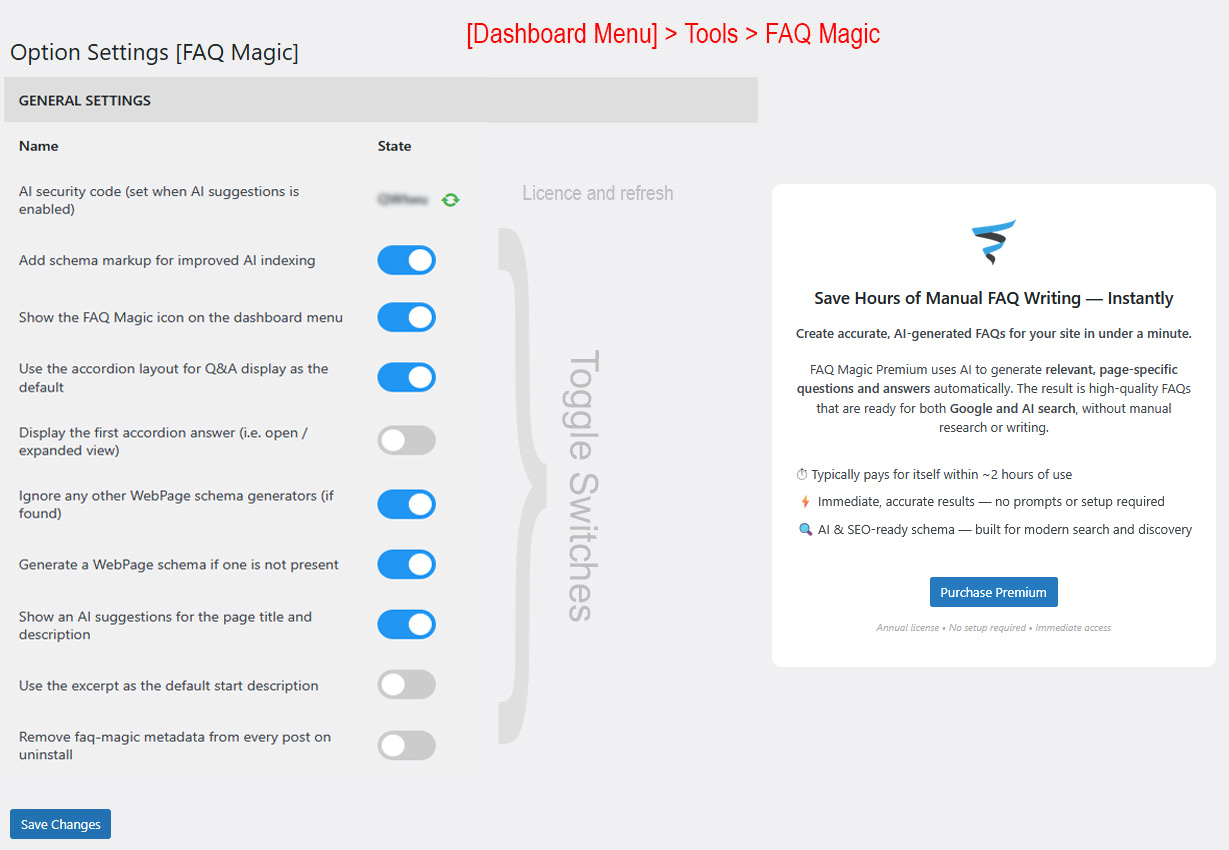 Toggle button settings for the plugin.