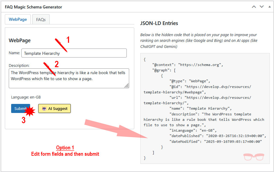 Steps to manually add the Webpage Schema.