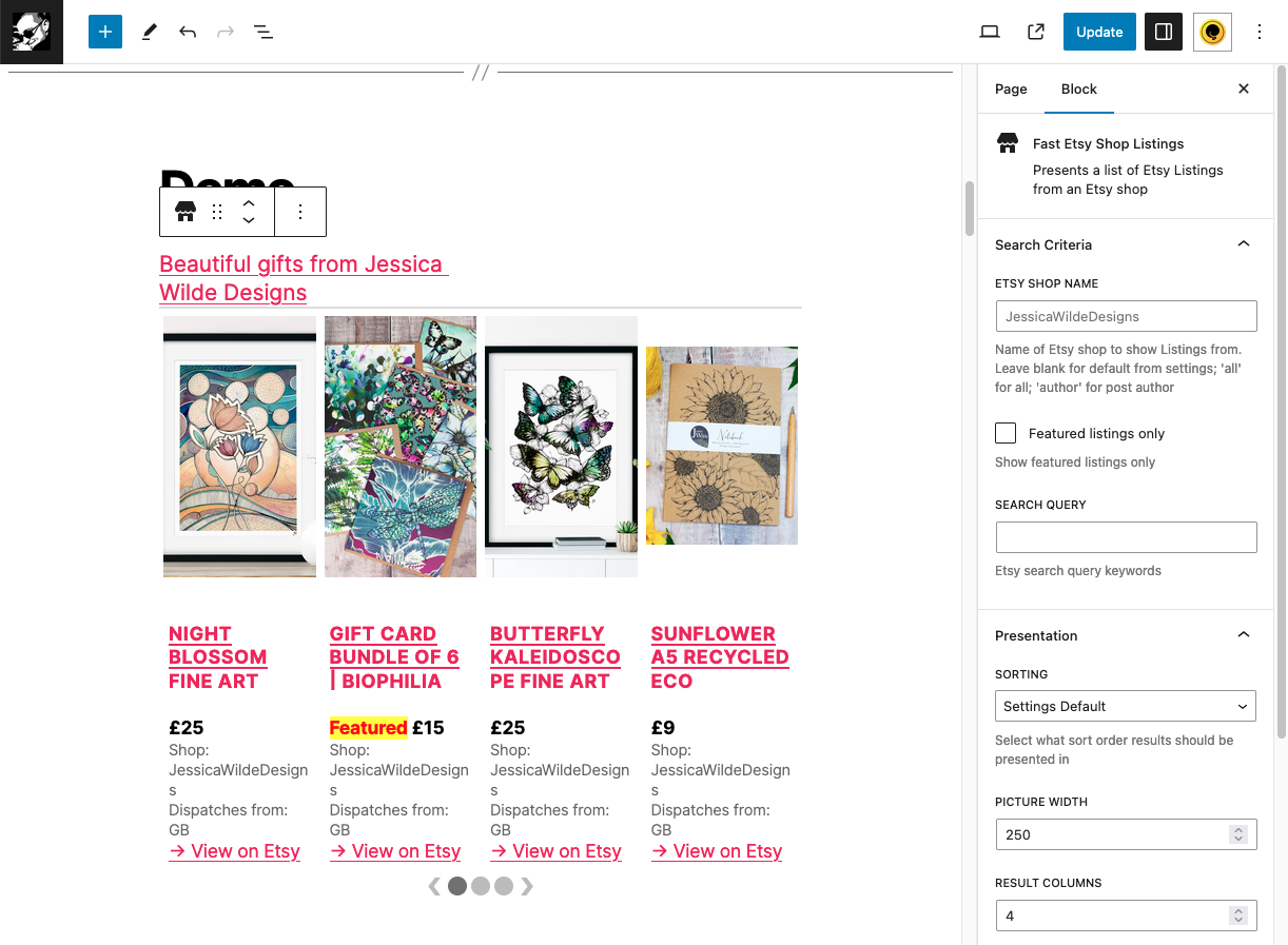 Screenshot 4. Live preview of Etsy listings in the WordPress Block Editor