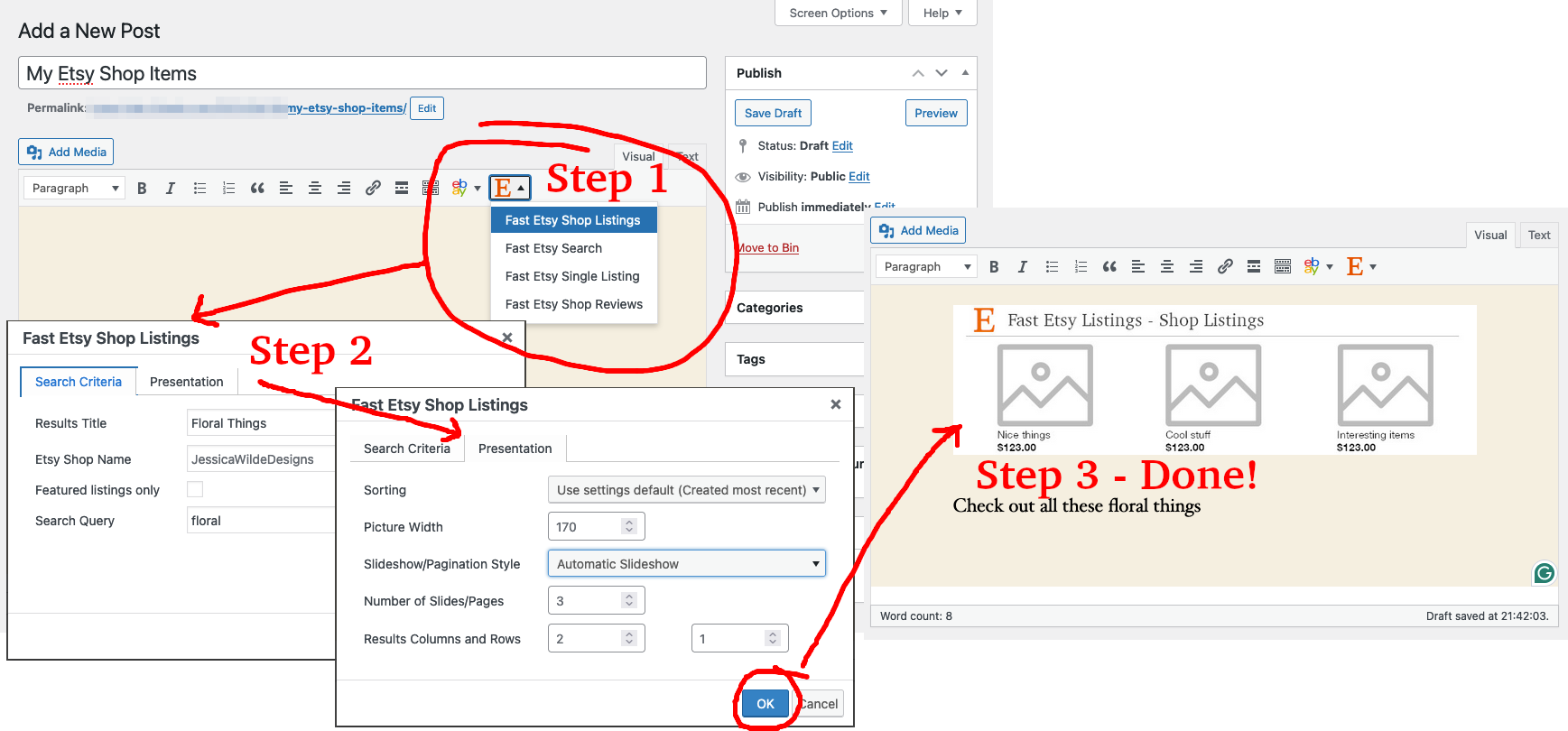 Screenshot 5. Easy UI to add Etsy listing shortcodes in the WordPress Classic Editor