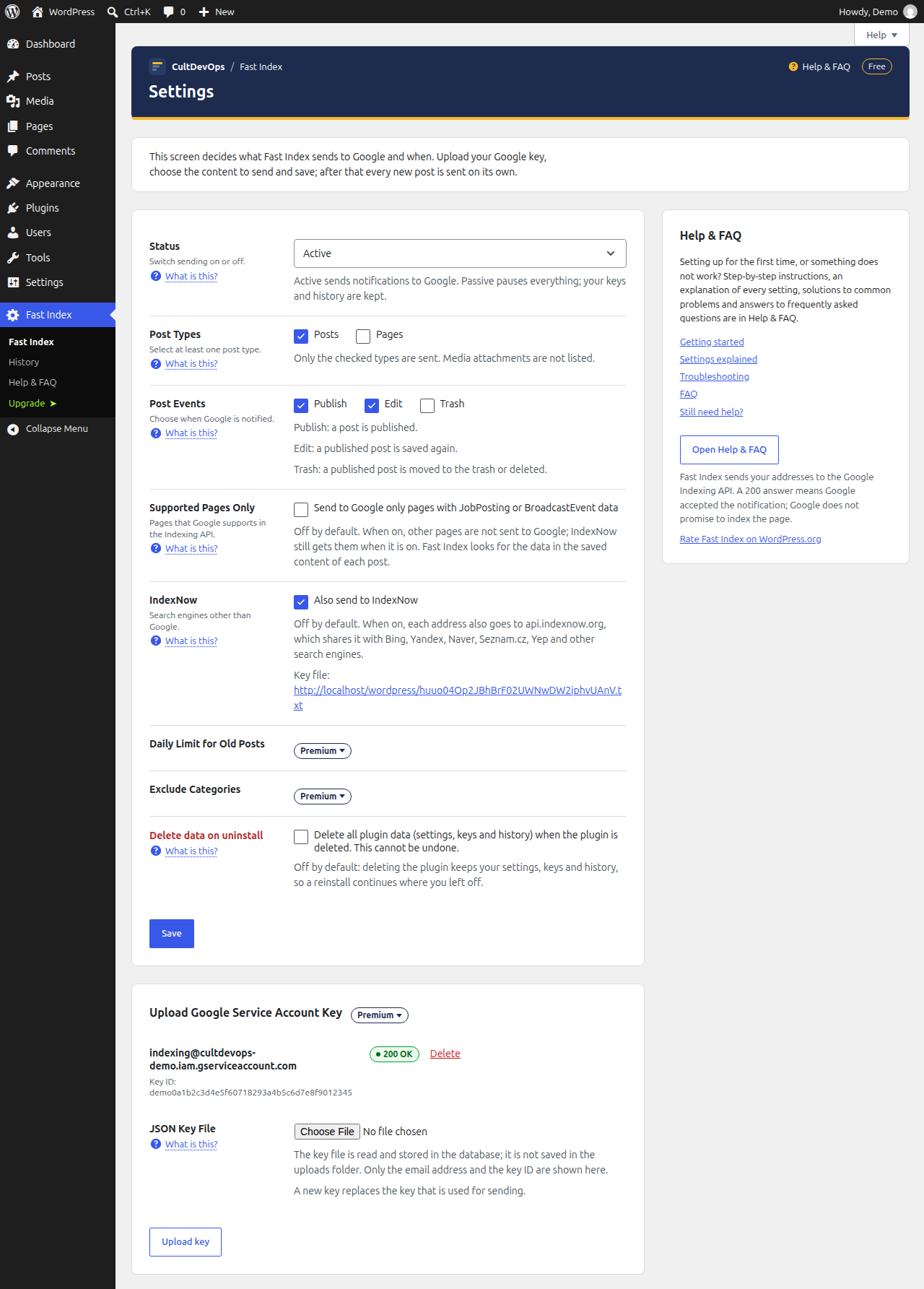 The settings screen: status, post types, post events, IndexNow and the upload of the service account key.