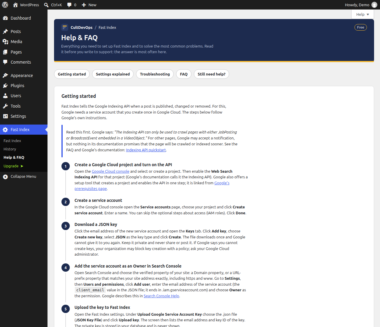 Help & FAQ: step-by-step setup of the Google service account.