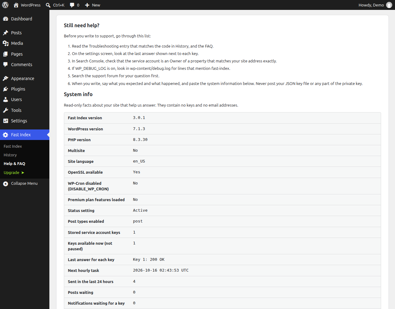 System info on the Help & FAQ screen, to attach when you ask for support.