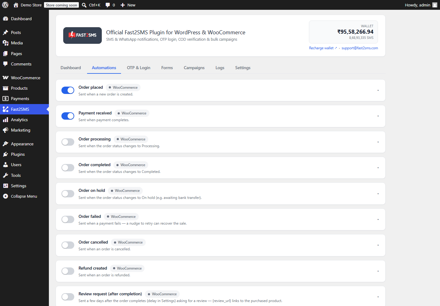 Automations — one toggle per WooCommerce event, with template pickers and live phone previews.