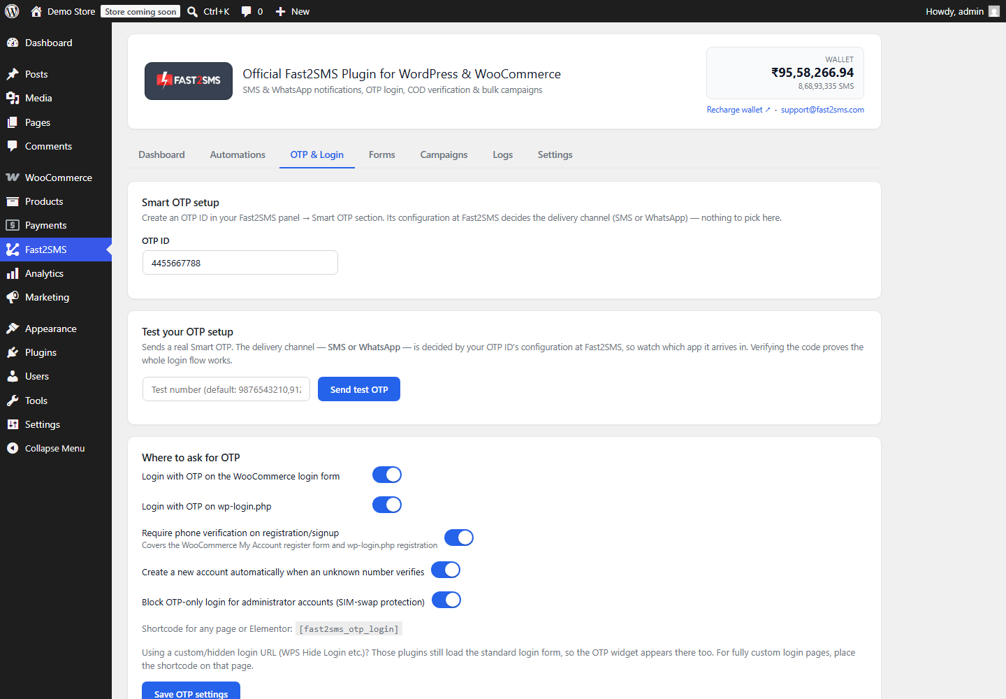 OTP & Login — Smart OTP setup with an end-to-end test and login form options.