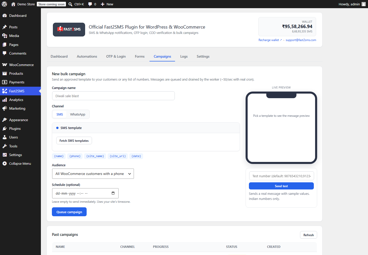 Campaigns — bulk composer with audience selection, scheduling and live message preview.