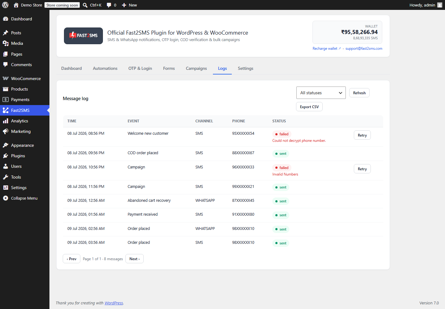 Logs — full message history with one-click retry and CSV export.