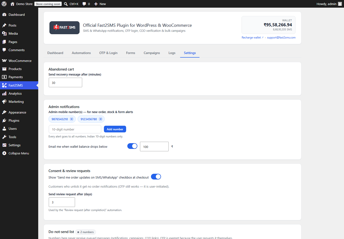 Settings — consent checkbox, do-not-send list, admin numbers and data retention.