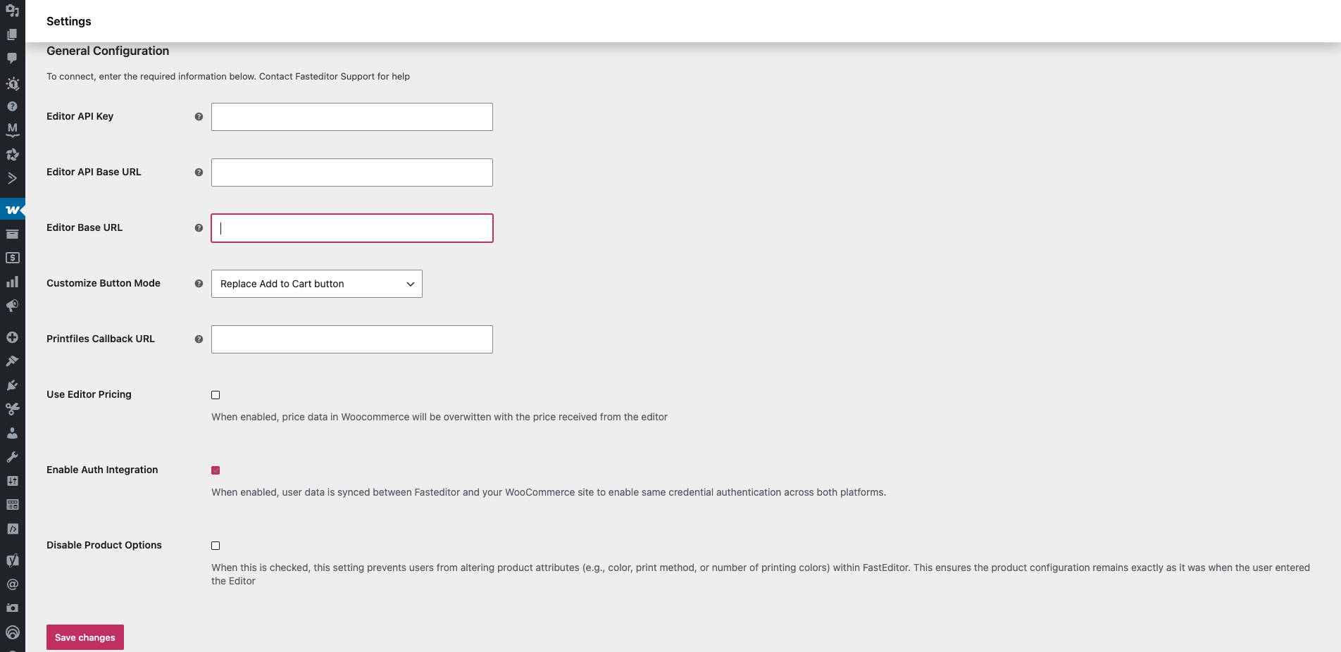 Configuration screen to get connected to the FastEditor Application.