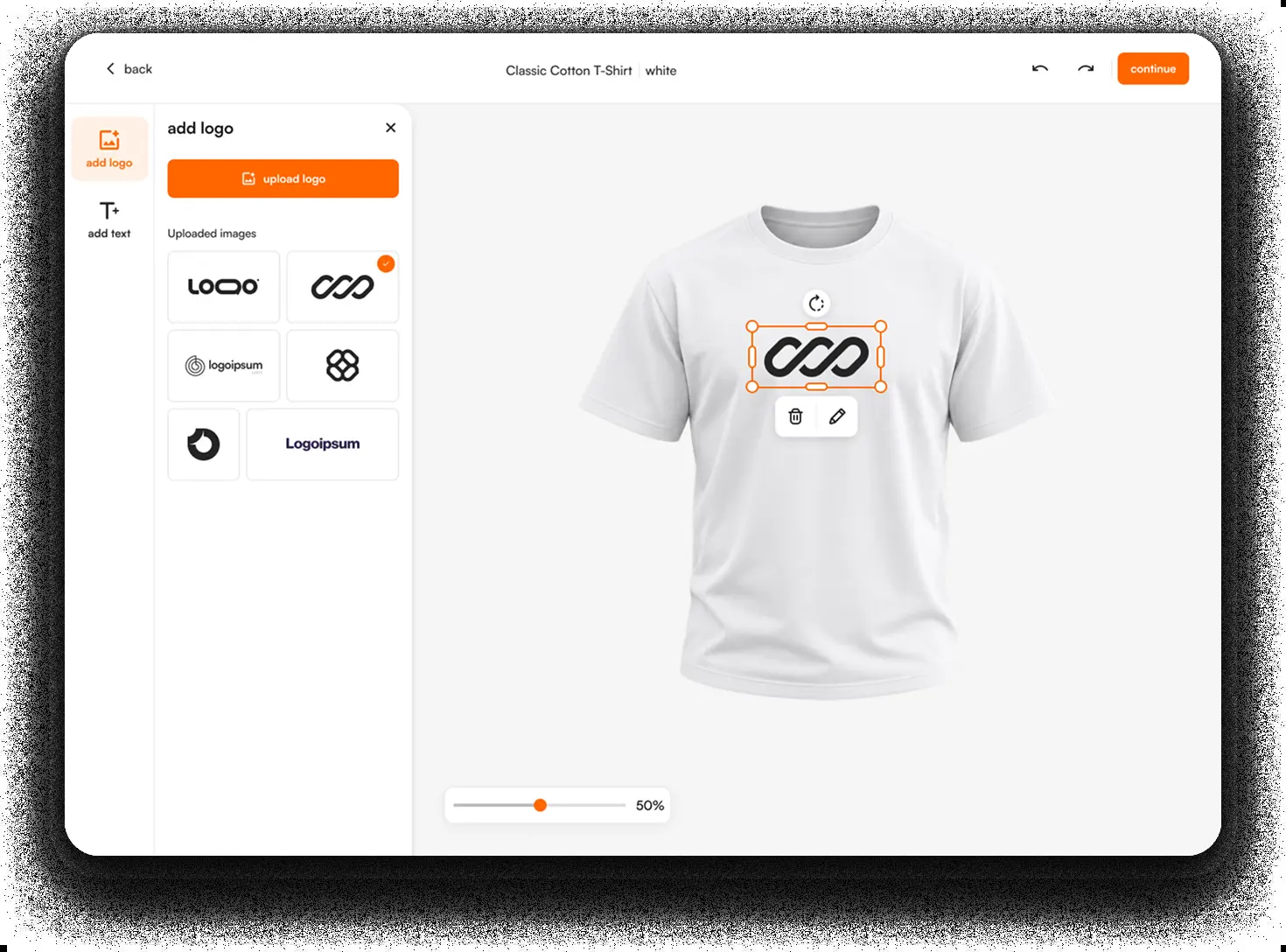 Customers add their logo or artwork to a product in the live FastEditor editor.