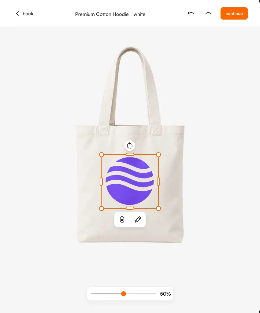 The same editor works across your whole catalog, from apparel to bags.