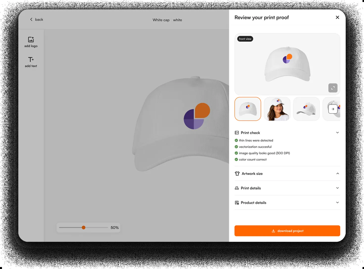 Every order gets an automatic print-ready proof with preflight checks (resolution, vectorization, colors).