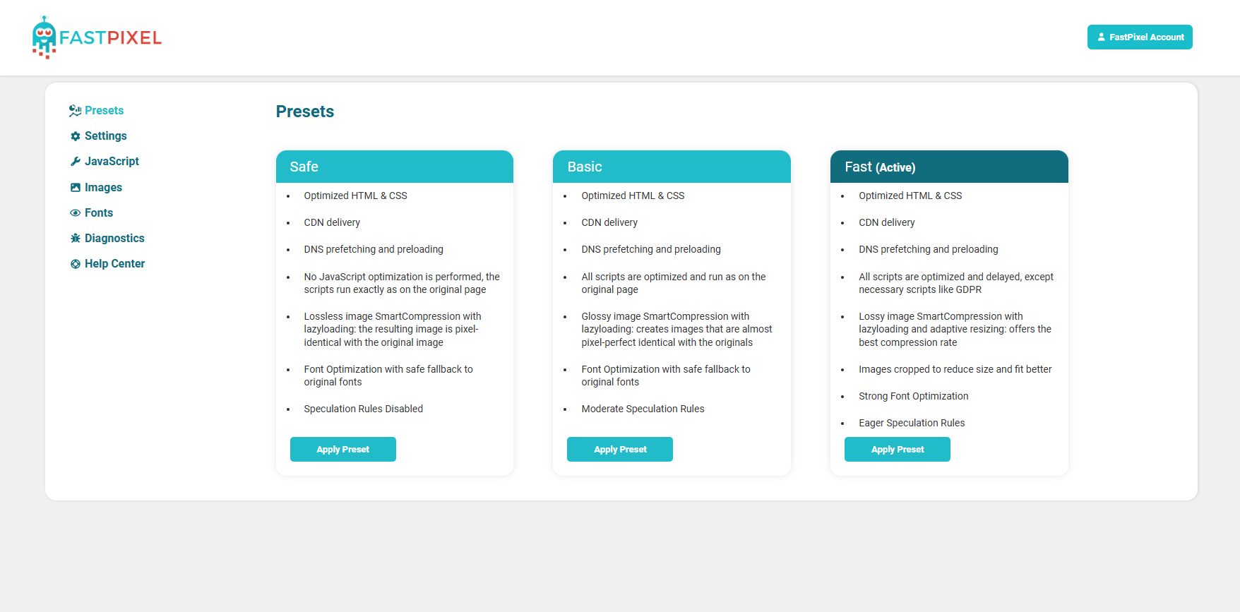 <p>Settings page - Presets</p>