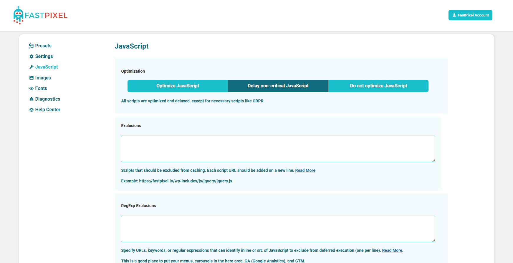 <p>Settings page - JavaScript settings</p>