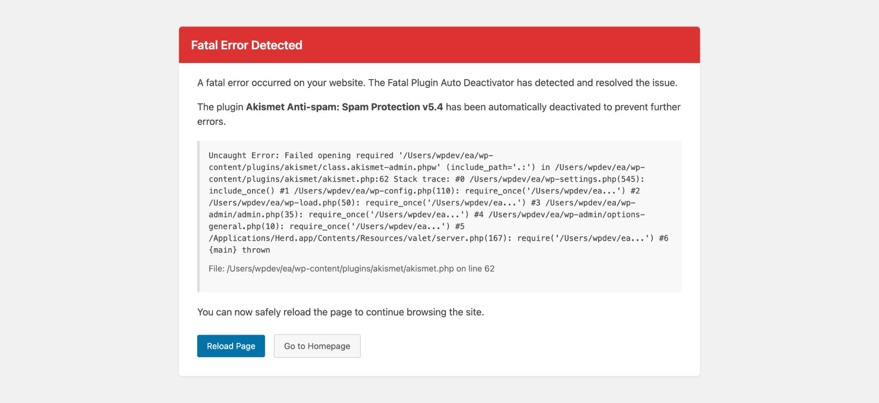 Fatal error detected. Problematic plugin auto-deactivated (requires WP_DEBUG true).