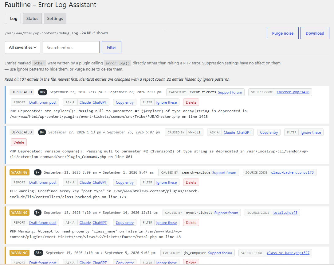 The Log tab, showing severity badges, "Caused by" attribution and the action groups (source, report, Ask AI, copy, ignore, delete) for each entry.
