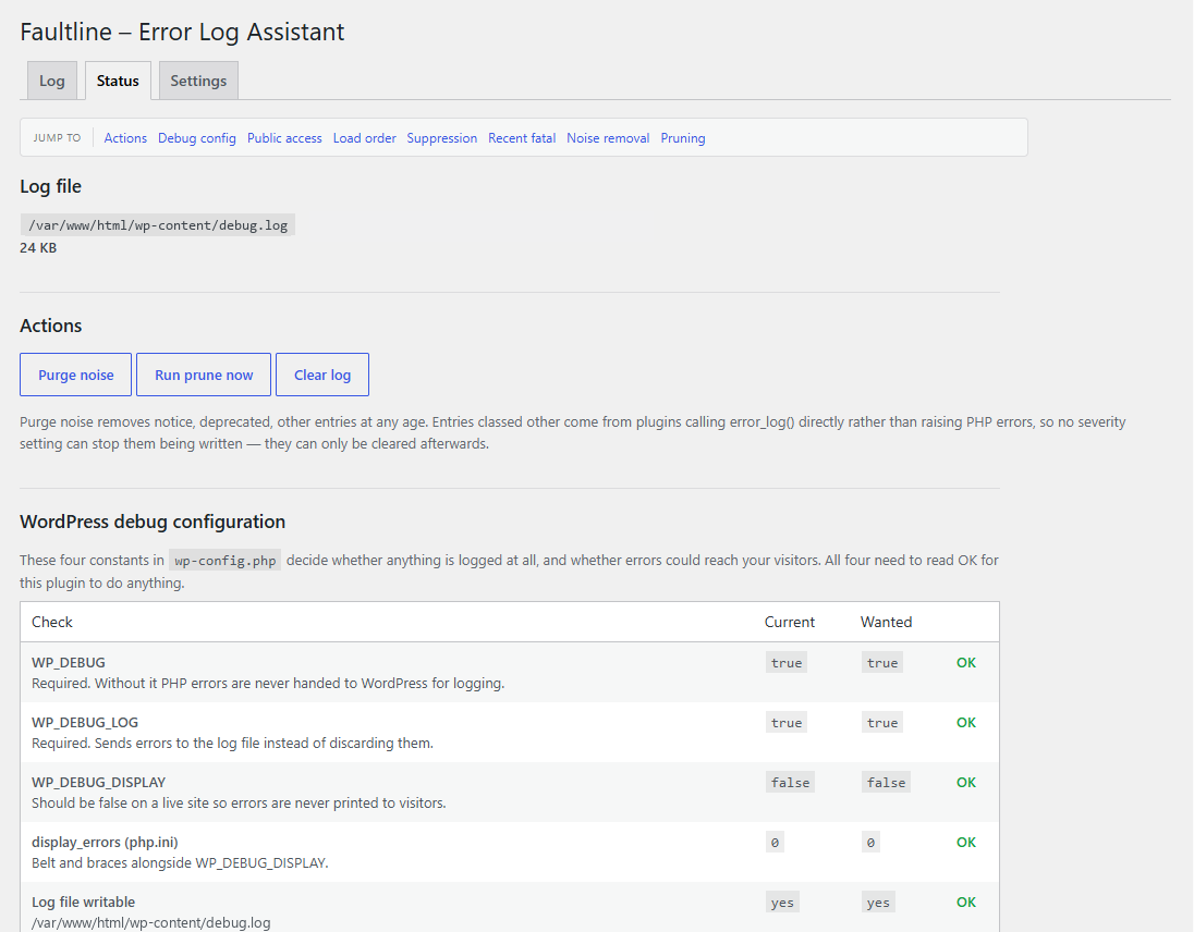 The Status tab, with one-click log actions and a check of the live debug configuration.