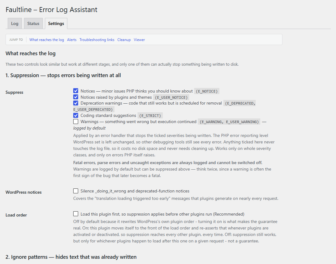 The Settings tab, where suppression stops chosen severities being written to the log at all.