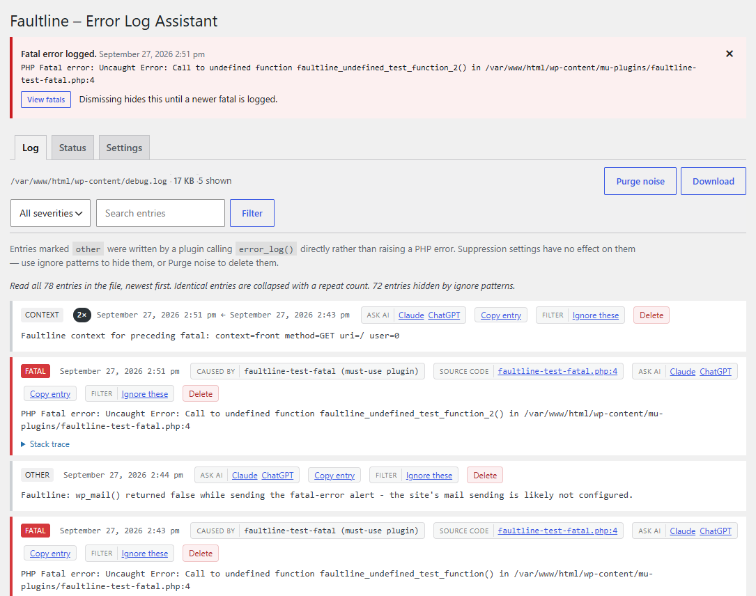 A fatal error caught as it happens: the admin alert banner, the file that caused it (here a must-use plugin), and the request context logged alongside it.