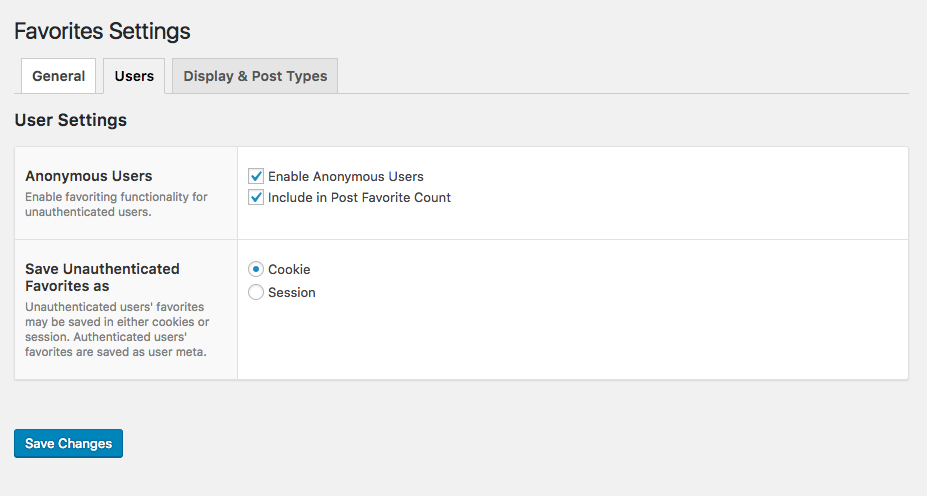 <p>Enable for anonymous users and save in the session or a browser cookie. Logged-in users' favorites are saved in a custom user meta field.</p>