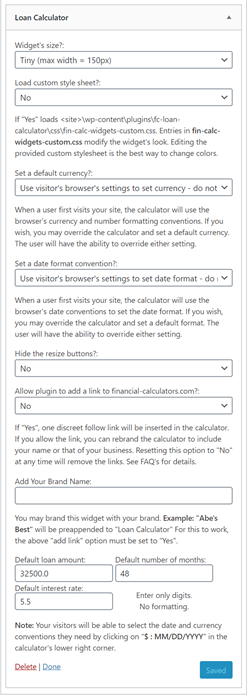 Plugin's settings dialogue, as seen under <em>Appearance</em> <em>Widgets</em> page in WordPress's administration area.