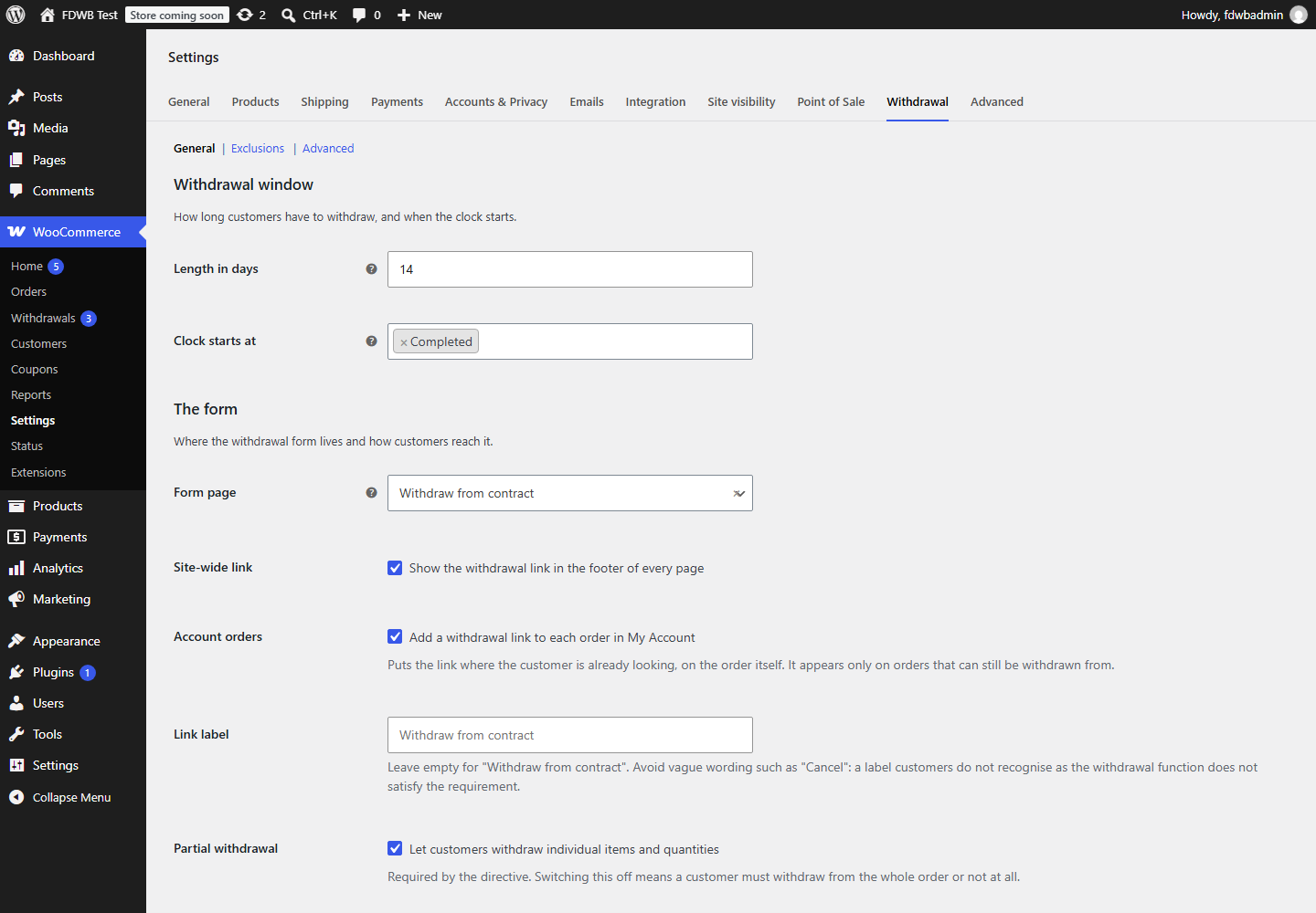 The settings tab, where the withdrawal window and the exclusions live.
