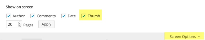If the column is not showing in your All Posts/Pages view this shows you where you can check to see that the "Thumb" column is selected to be displayed