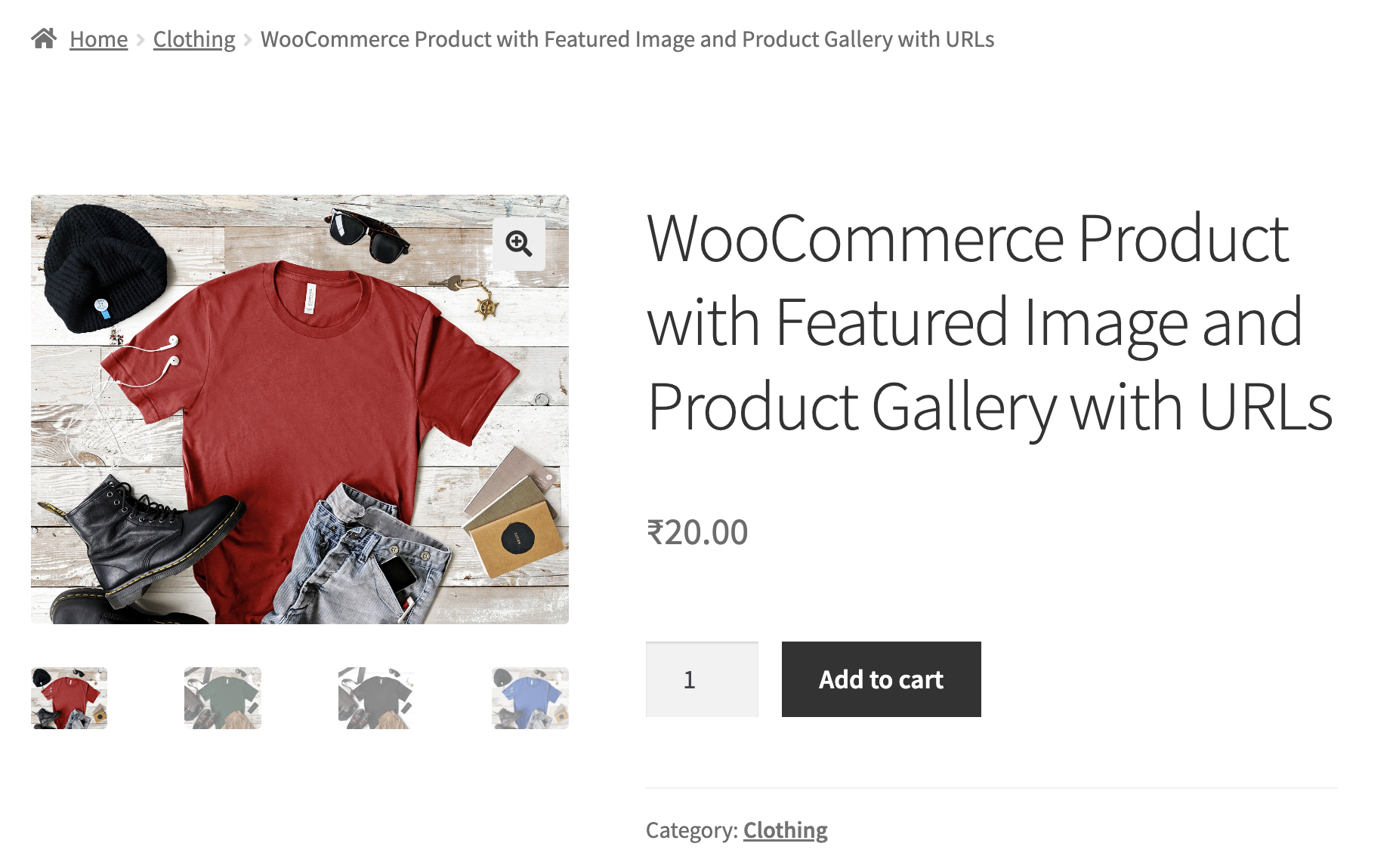 Front-end view of the WooCommerce Product page, which utilizes the Featured Image with URL.