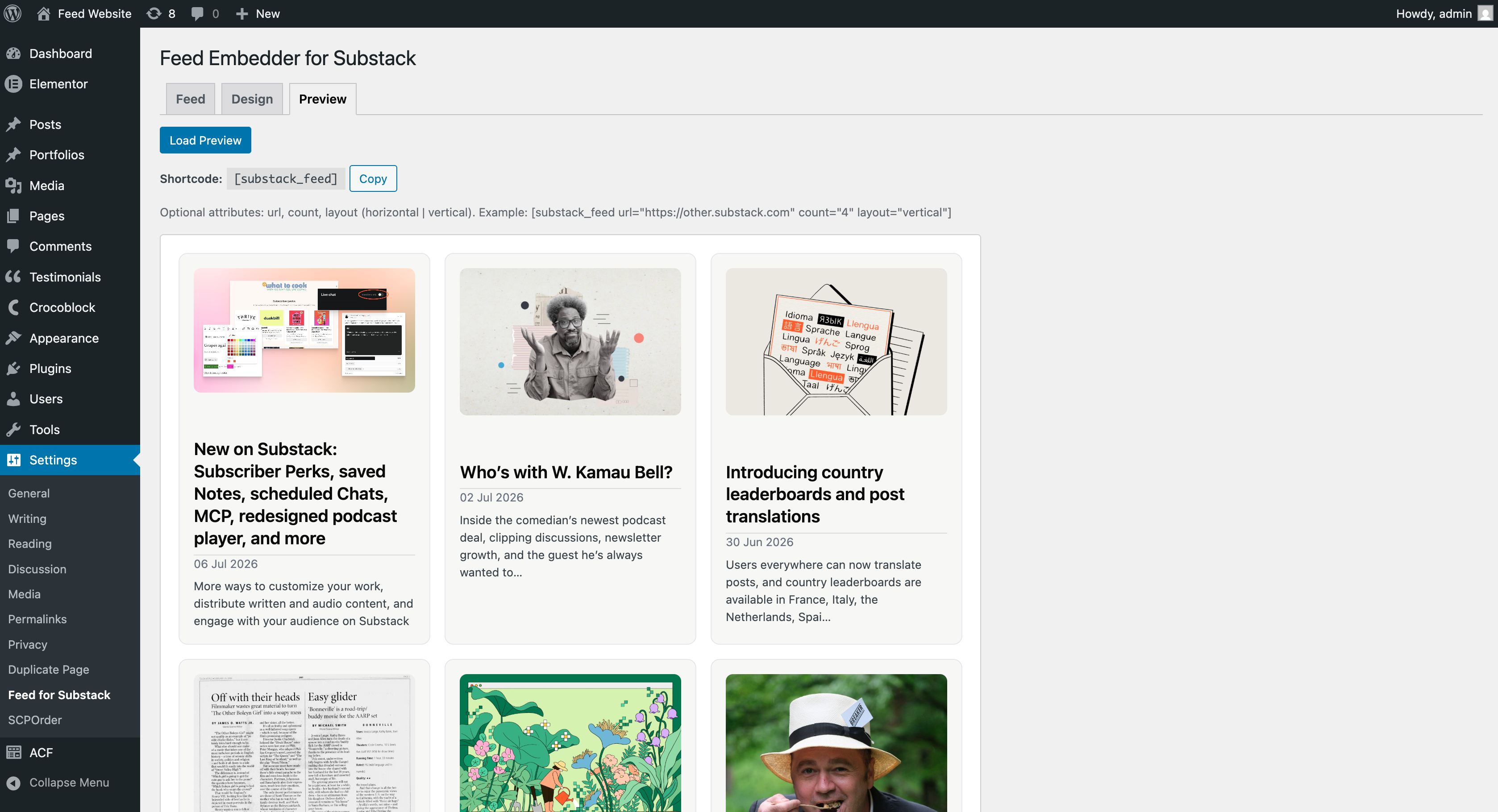 The vertical grid layout rendered from a Substack feed, shown in the live preview.
