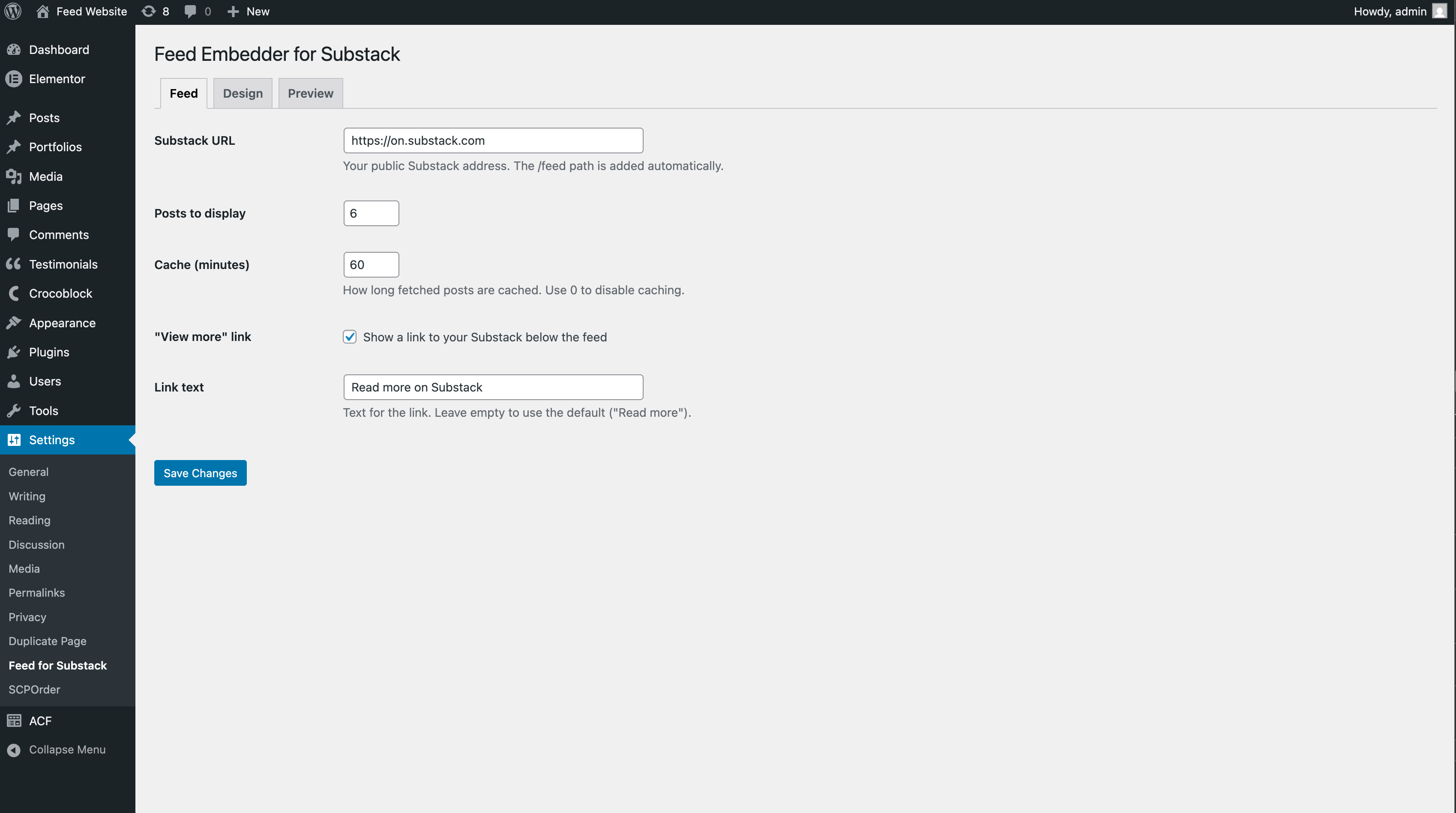 Feed settings — Substack URL, number of posts, cache duration and the optional "view more" link.