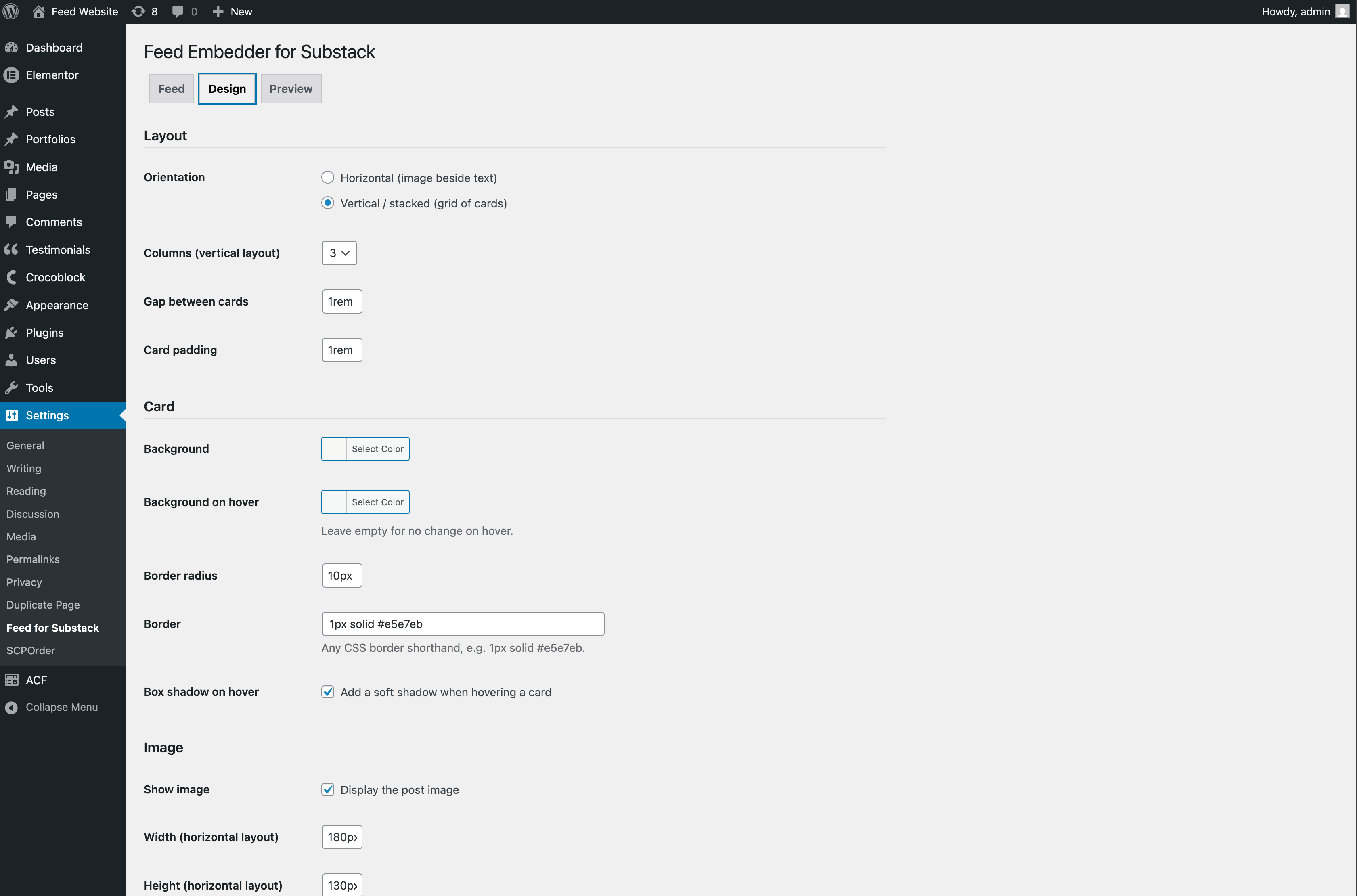 Design tab — layout, card, image, typography and mobile options.