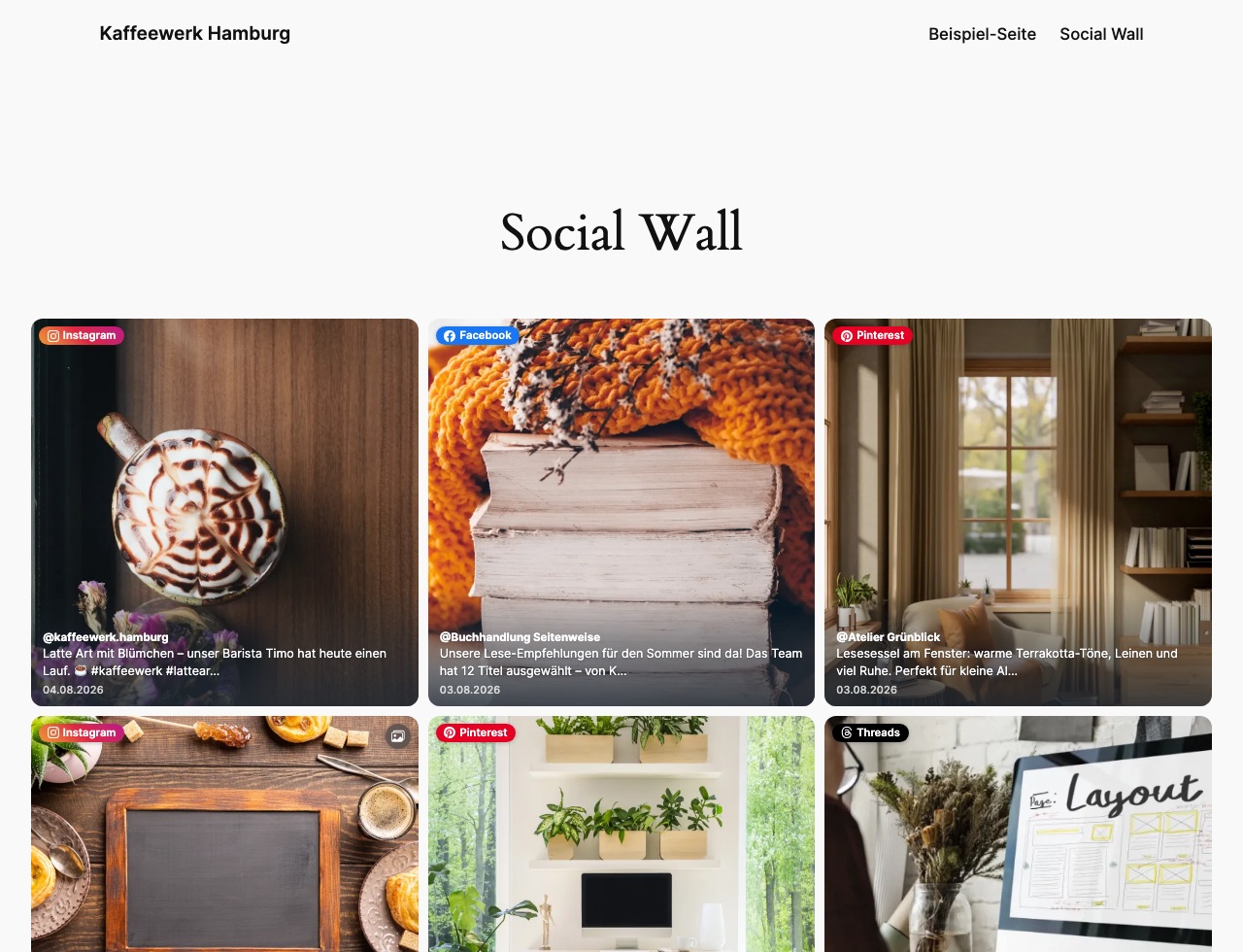A feed on the front end: posts from Instagram, Facebook, Pinterest and Threads side by side, served from your own site.