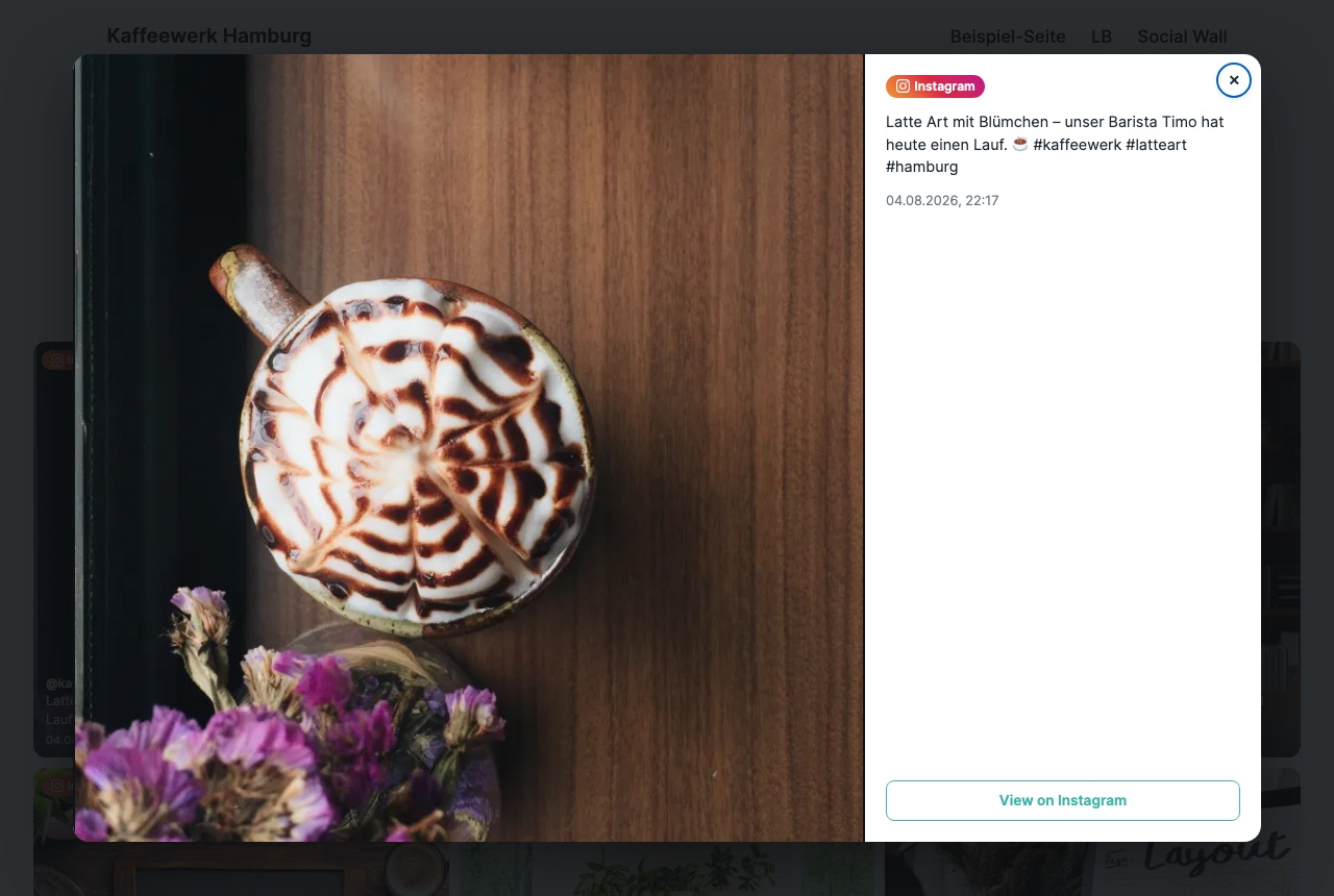 Clicking a post opens it in the built-in lightbox, with the caption, date and a link to the original.